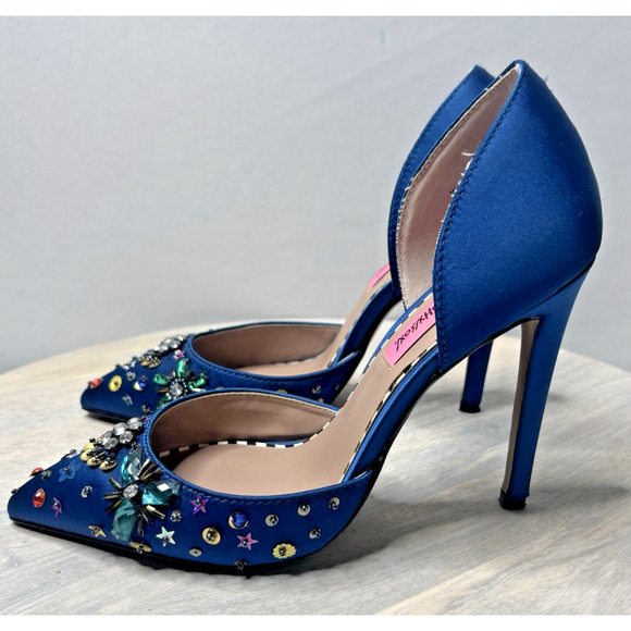 Betsey Johnson Mayson Heels Sz 6 Blue Satin Jeweled Sequin Shoes Pumps - Picture 4 of 10